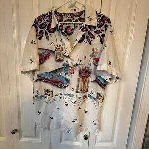 Retro 50s Jukebox Car Print Shirt Mens L Rockabilly White Short Sleeve